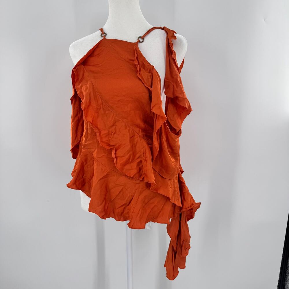 Zara Burnt Orange Ruffle Halter Cold Shoulder Asymmetrical Top XS